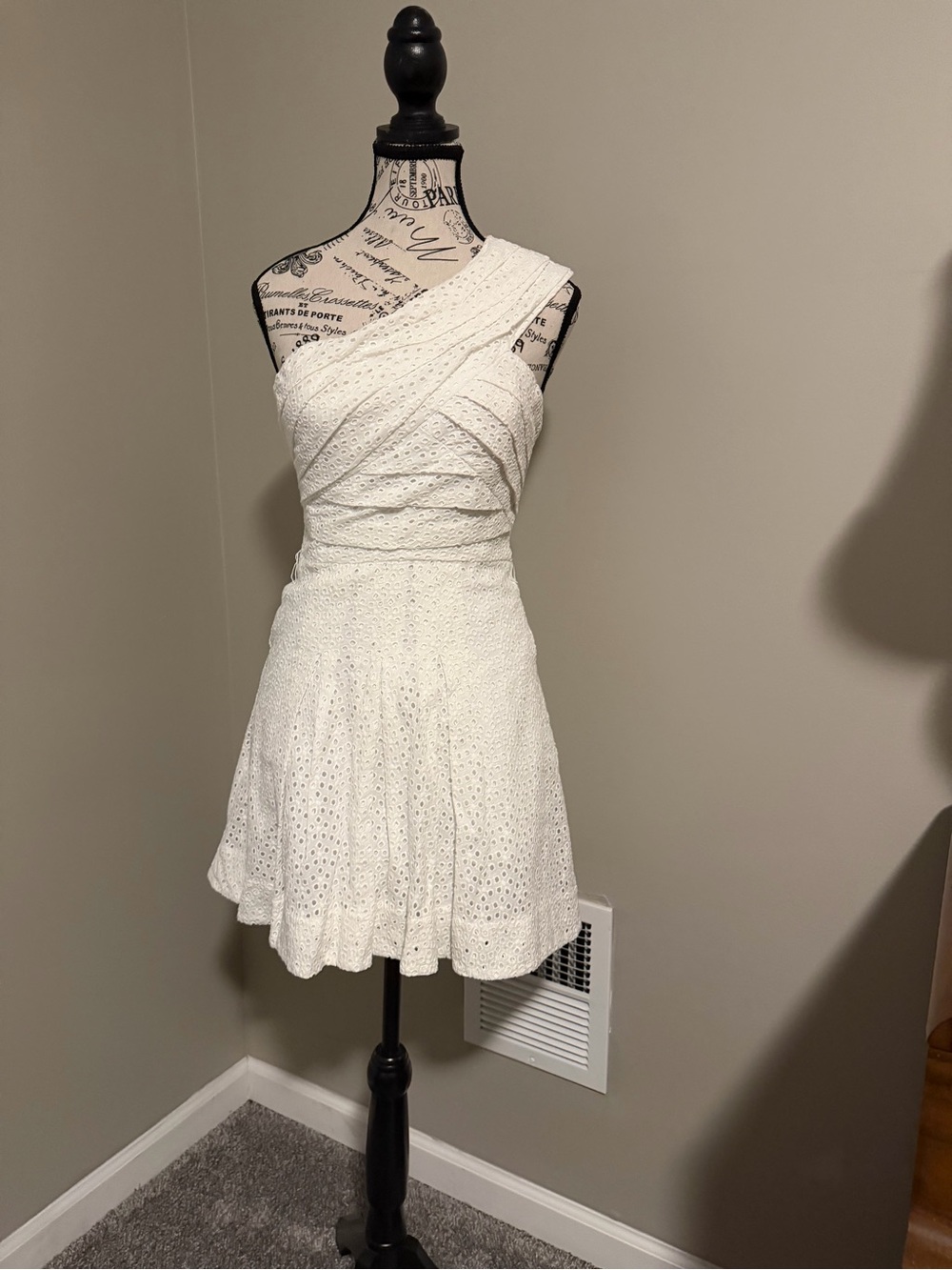 BCBGMaxAzria White One-Shoulder Eyelet Fit-and-Flare Dress